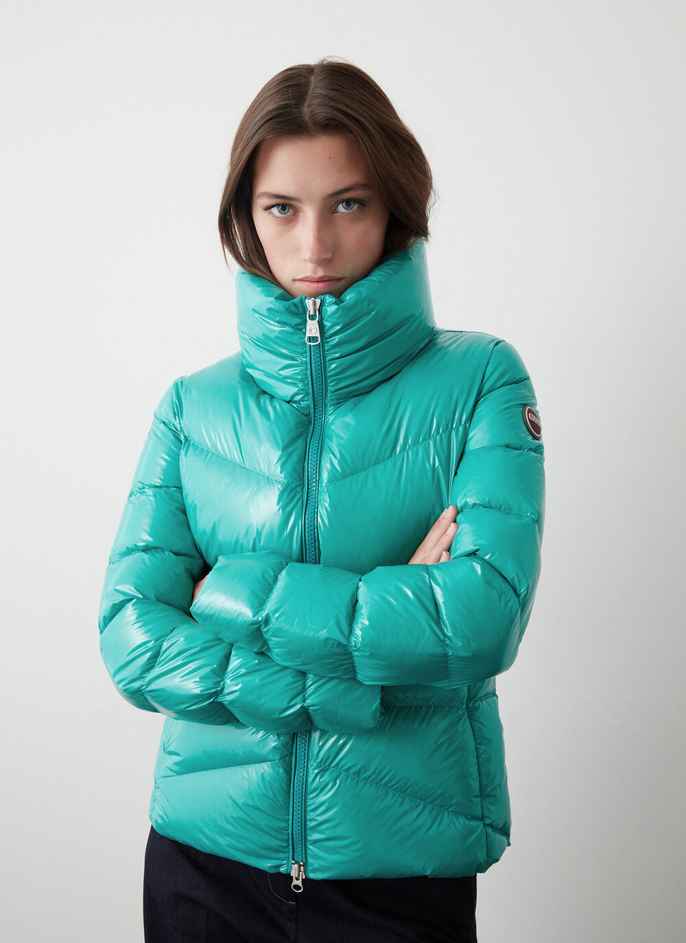 Super-glossy down jacket with padded collar image number 0