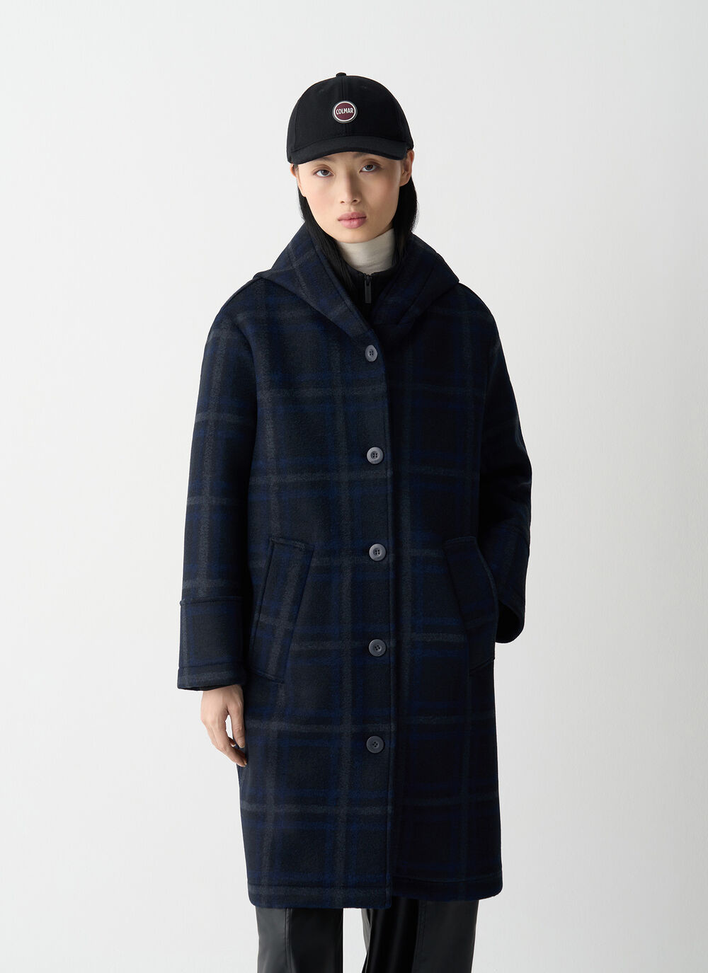 Long check hooded coat image number 1