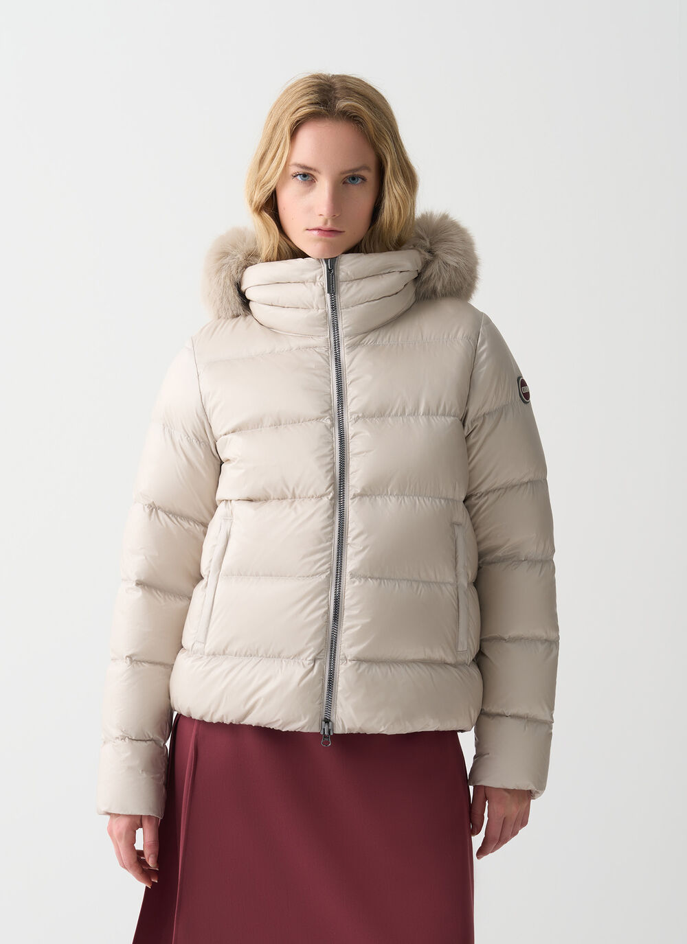 Turtle neck down jacket with faux fur image number 1