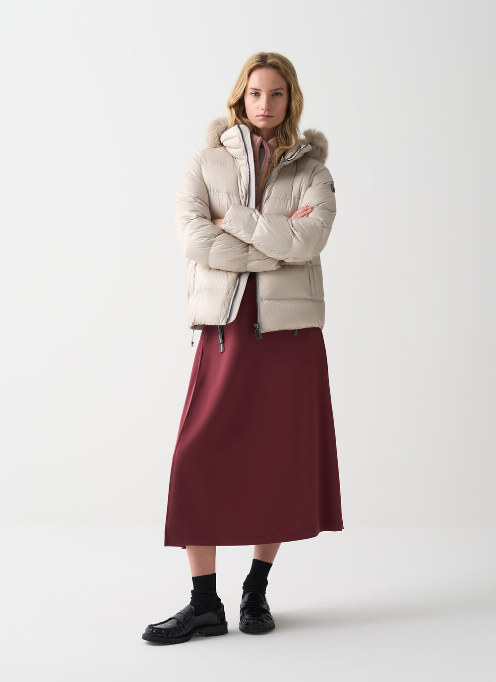 Turtle neck down jacket with faux fur image number 0