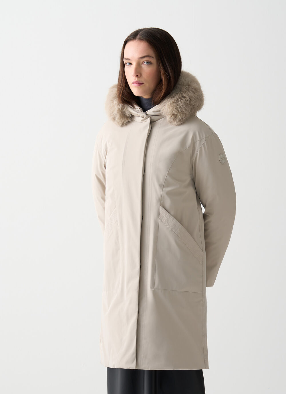 Long waterproof down jacket with fur image number 1