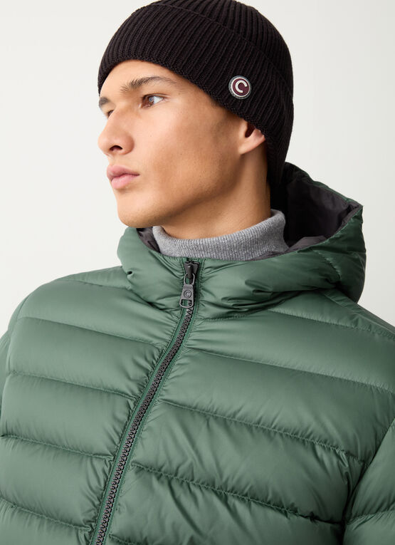 Sporty down jacket with fixed hood