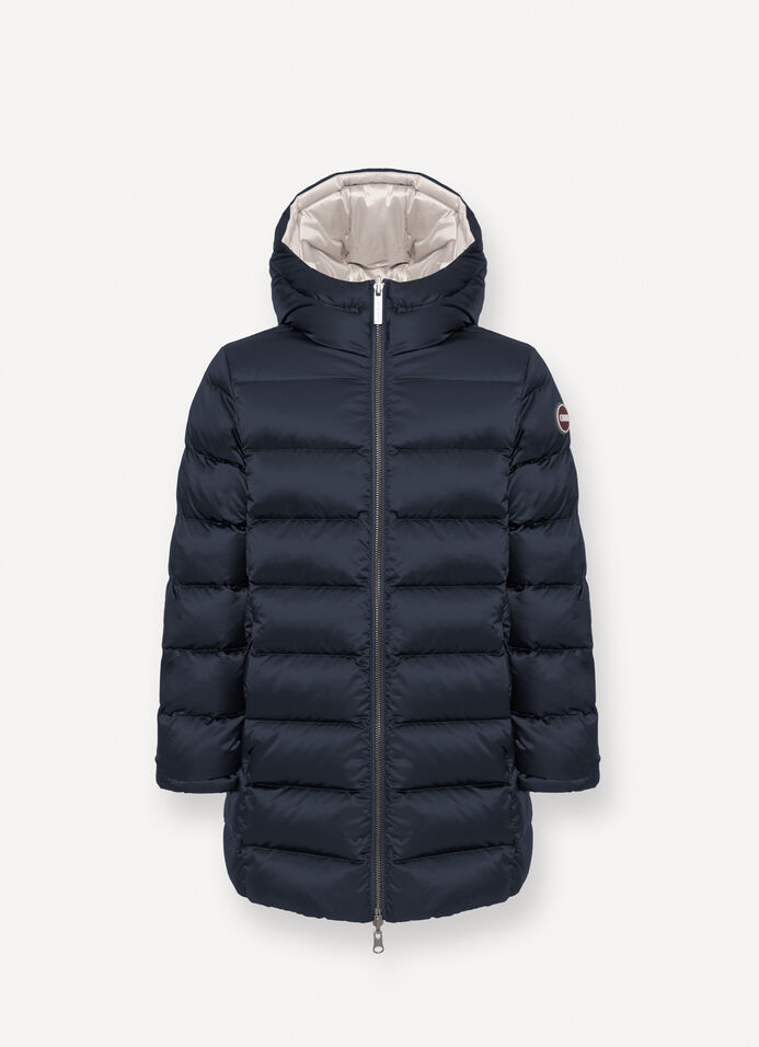 Reversible hooded mid-length down jacket image number 4