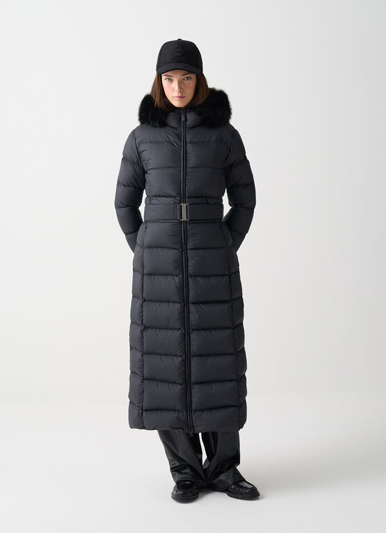 Long matte down jacket with faux fur