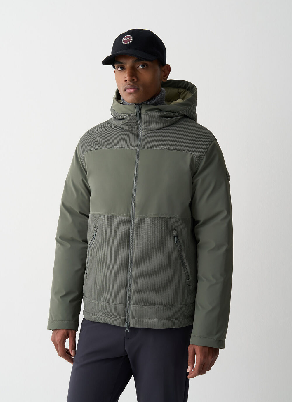 Bi-material hooded down jacket image number 1