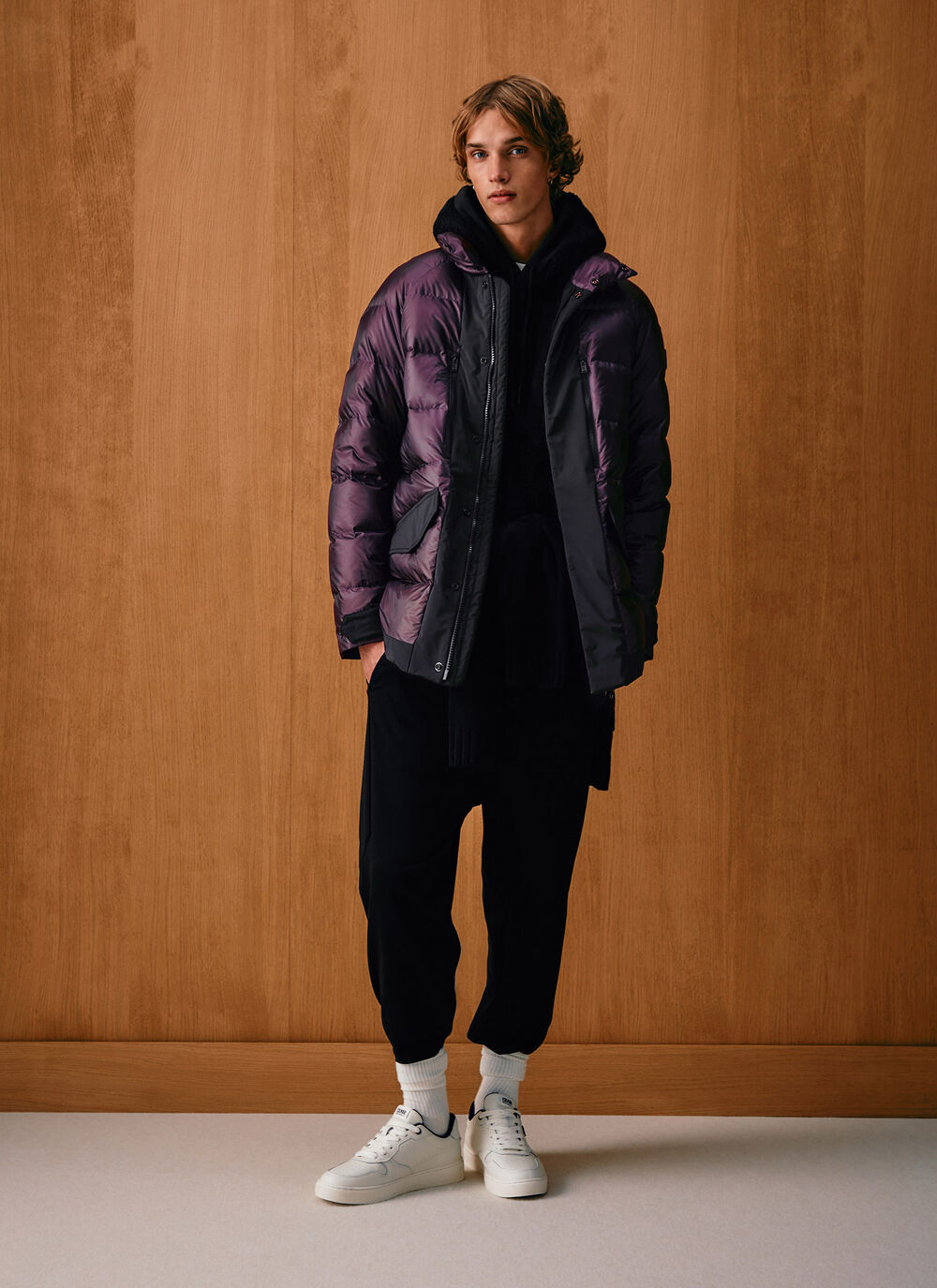 Down jacket with technical fabric details image number 0