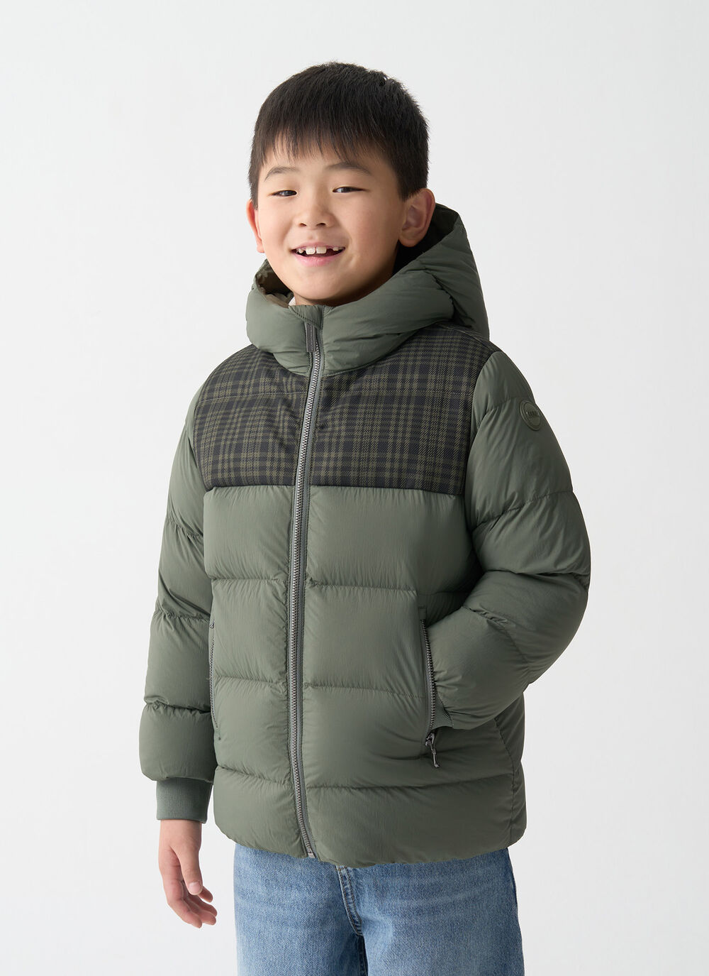 Check hooded down jacket image number 1