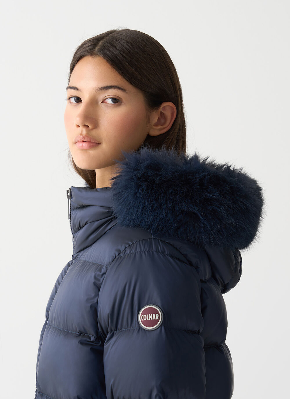 Turtle neck down jacket with faux fur image number 2