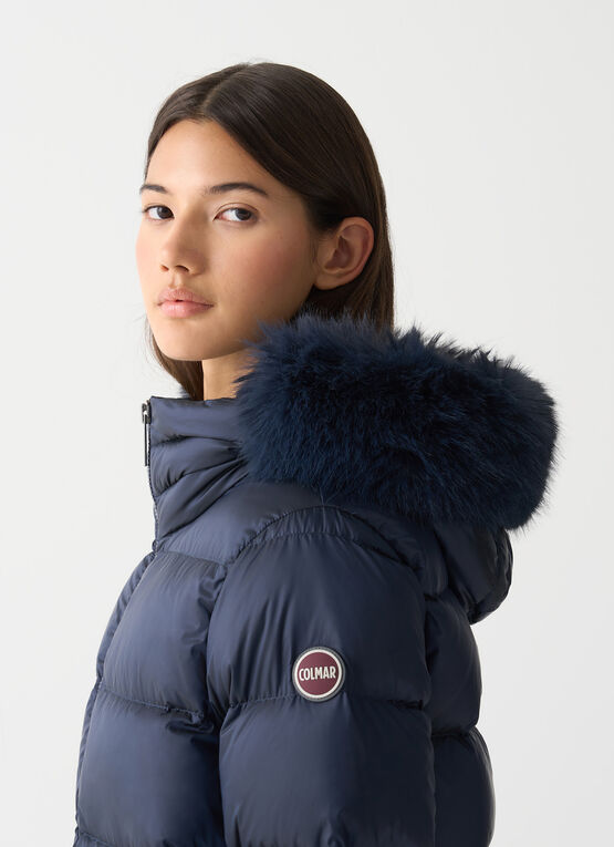 Turtle neck down jacket with faux fur