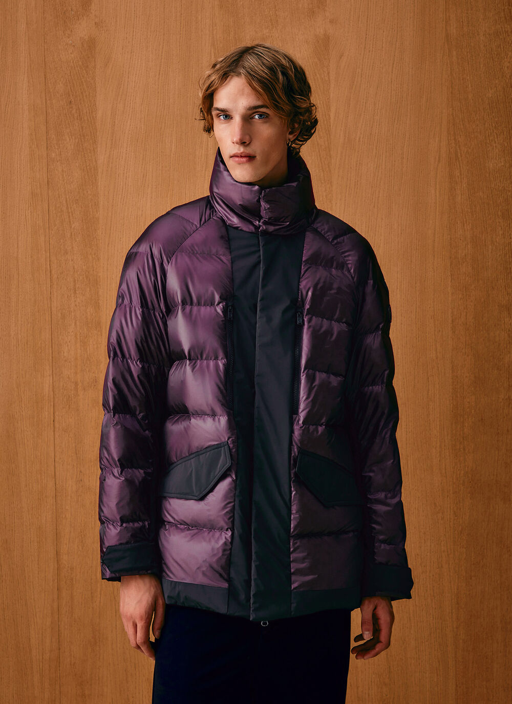 Down jacket with technical fabric details image number 1