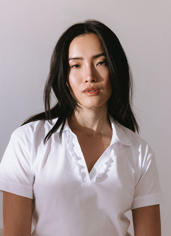 Cotton piqu&eacute; polo shirt with ruching