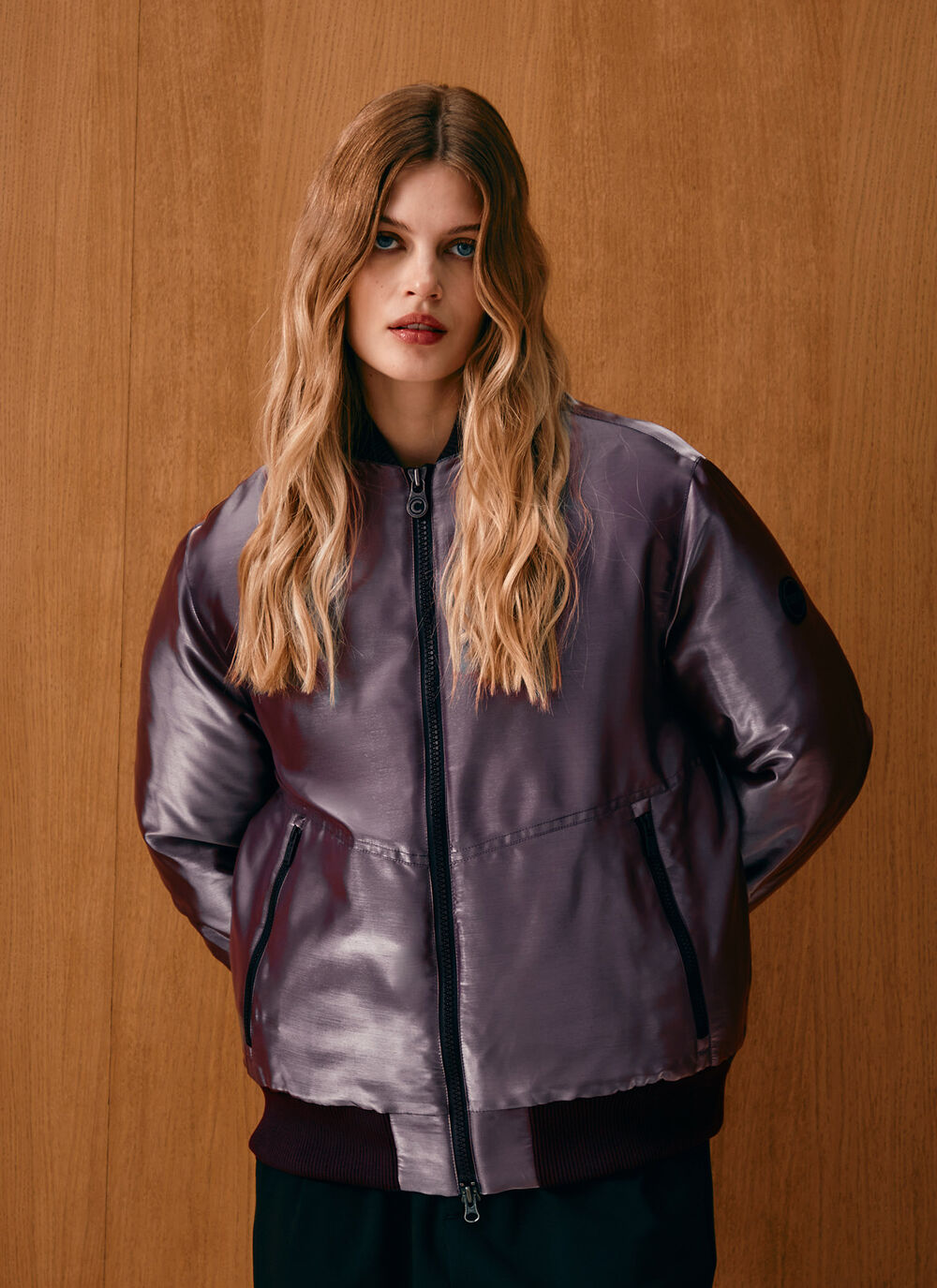 Iridescent satin bomber jacket image number 1