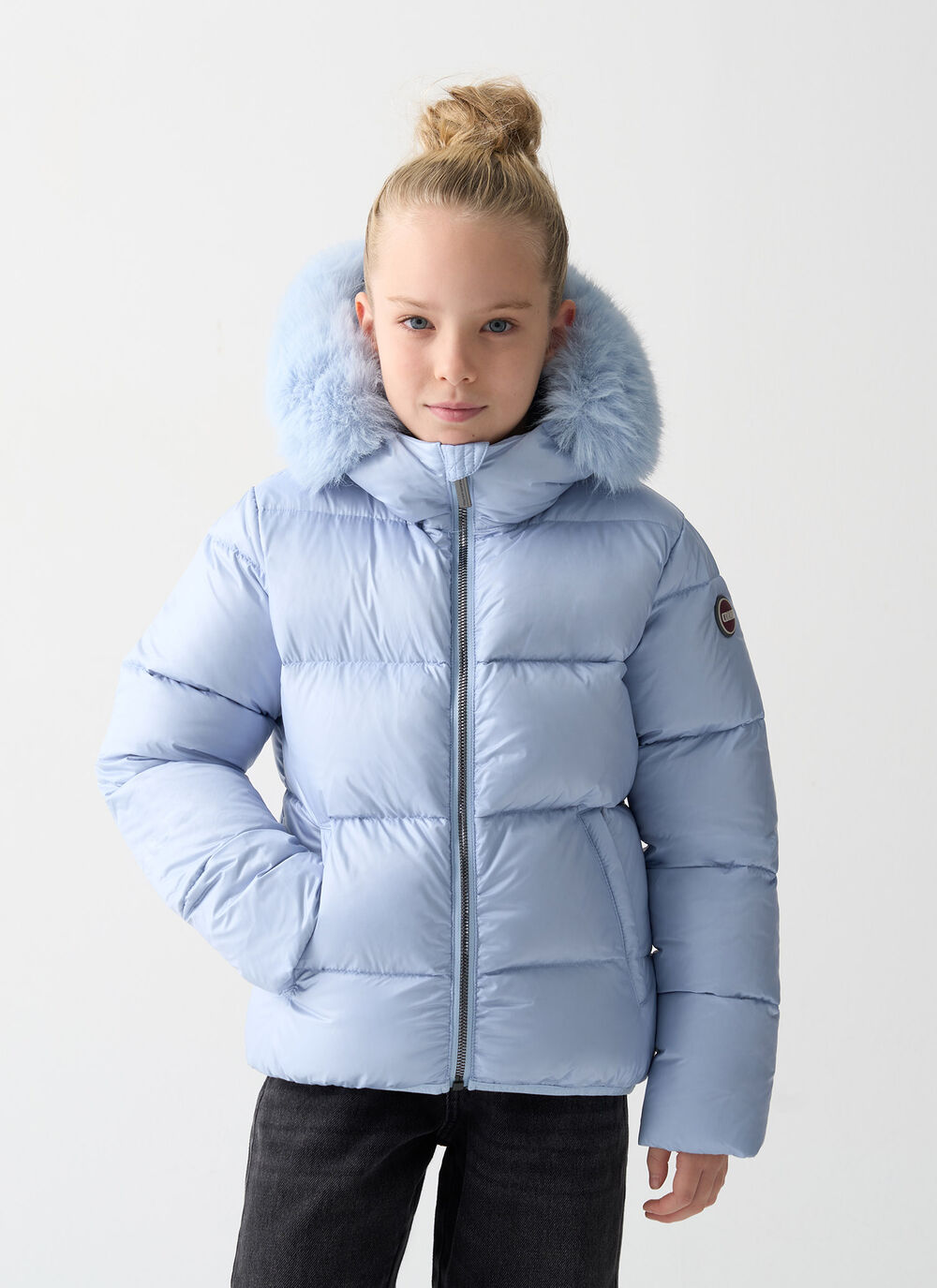 Glossy down jacket with fur image number 1