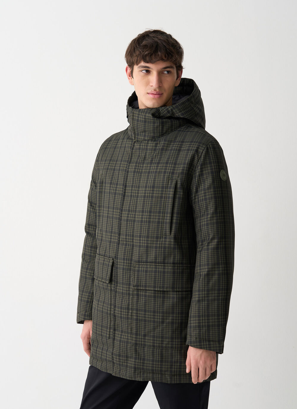 Long check down jacket with hood image number 1