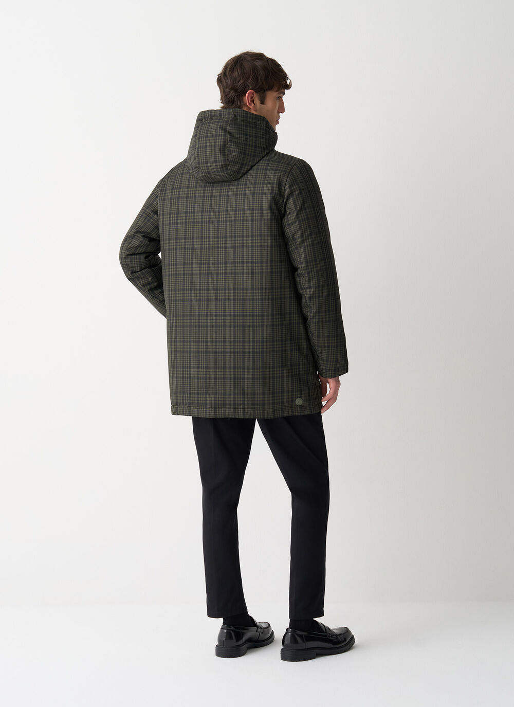 Long check down jacket with hood image number 3
