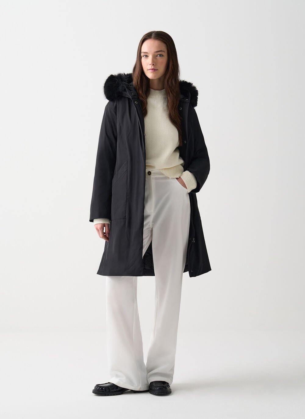 Long waterproof down jacket with fur image number 0