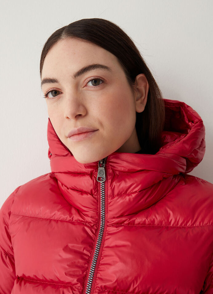 Iridescent down jacket with hood and maxi collar