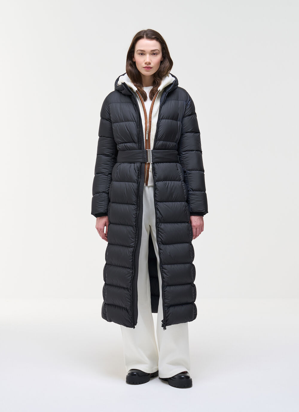 Long matte down jacket with belt image number 1