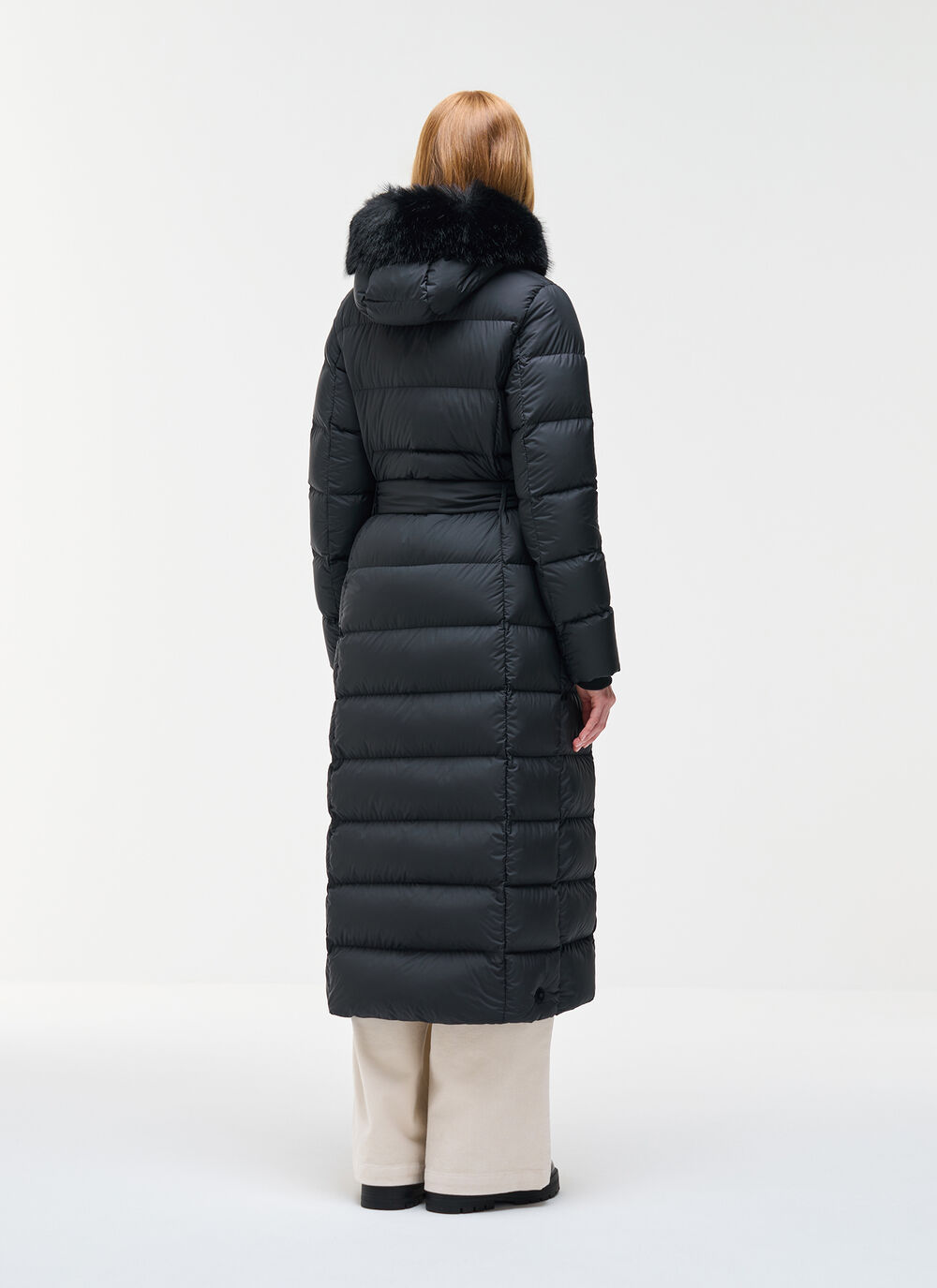 Long matte down jacket with faux fur