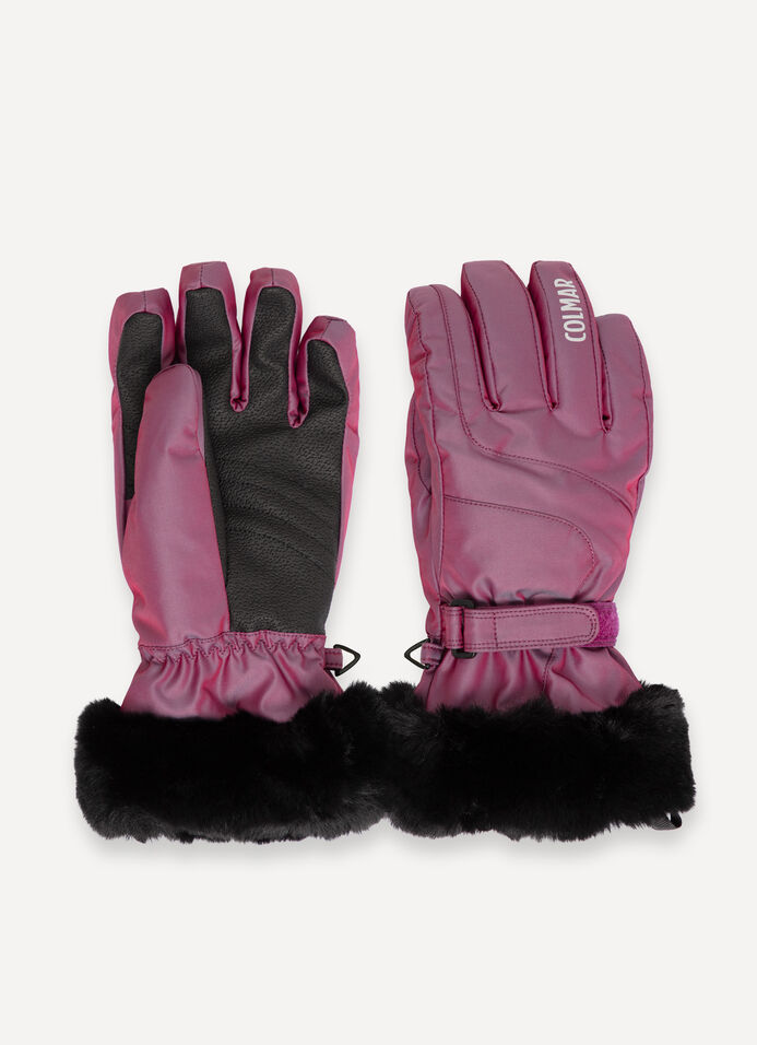 Women's iridescent ski gloves with faux fur image number 0