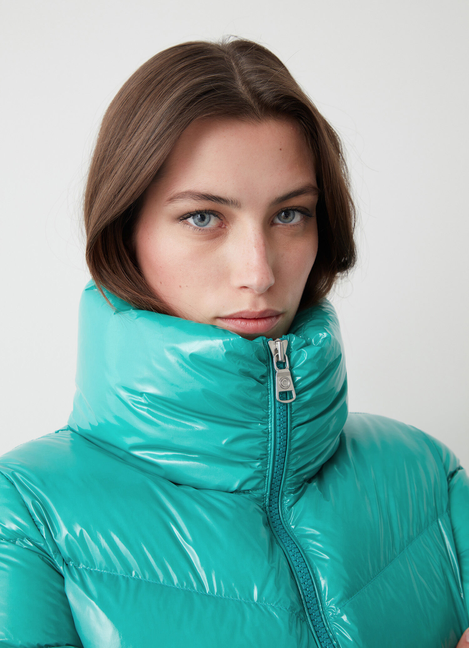Down puffer coat with wraparound collar store