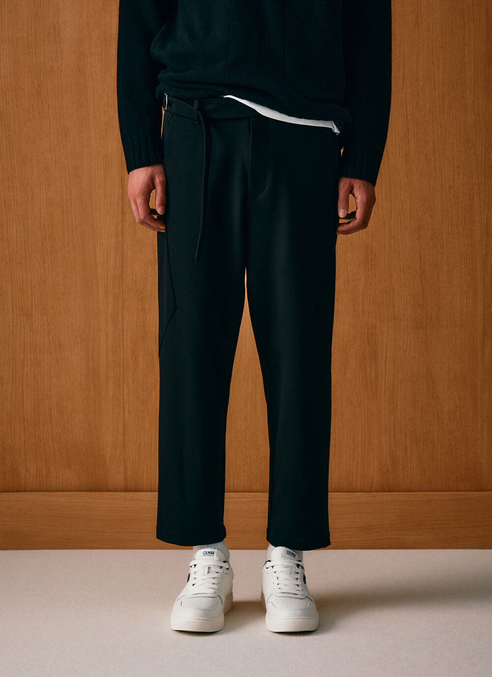 Stretch interlock trousers with belt image number 1