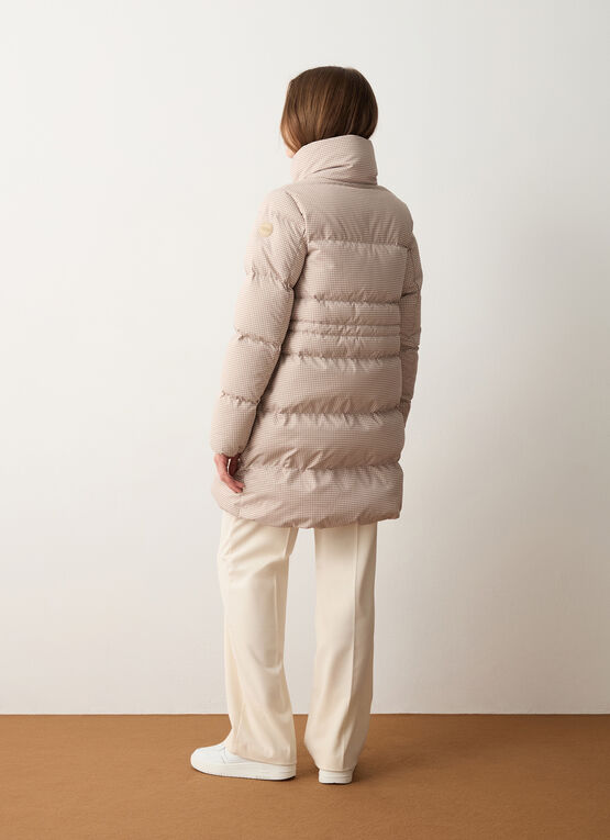 Daunenjacke mit Hahnentritt-Print und hohem Kragen