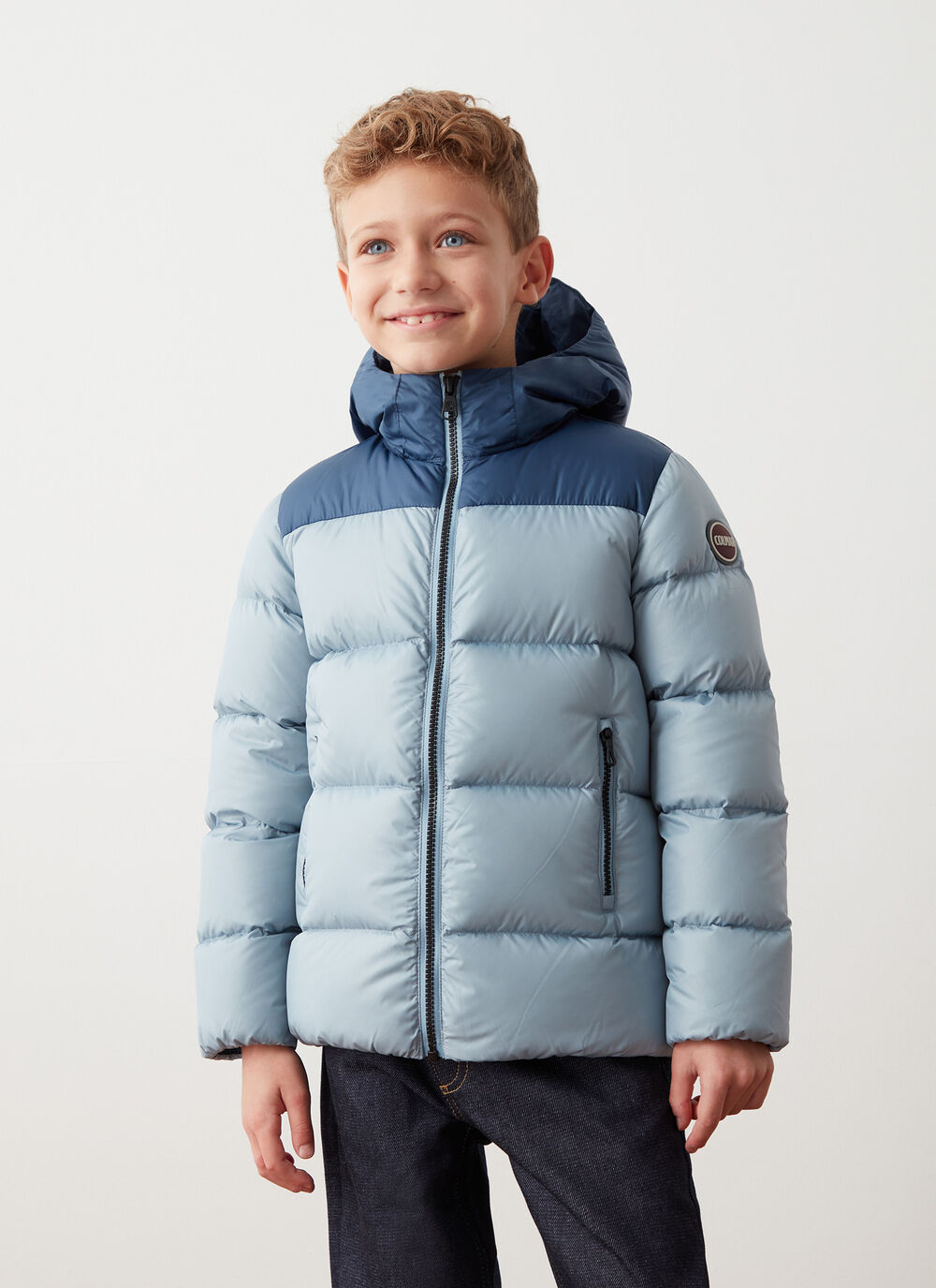 Two-tone hooded down jacket image number 1