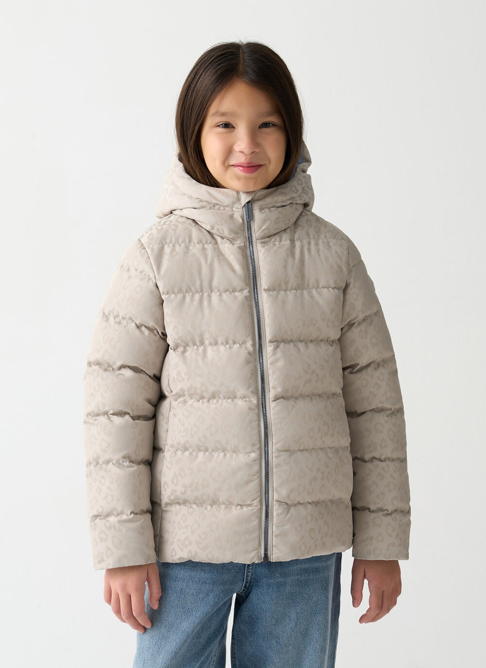 Animal-print hooded down jacket image number 1