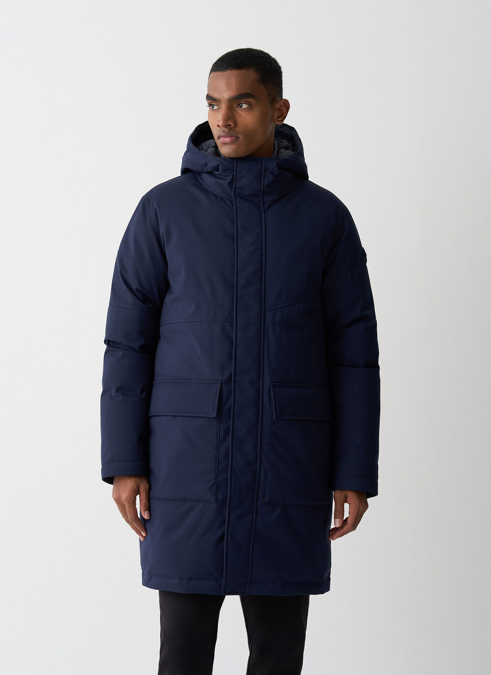 Long twill down jacket with patch pockets. image number 1