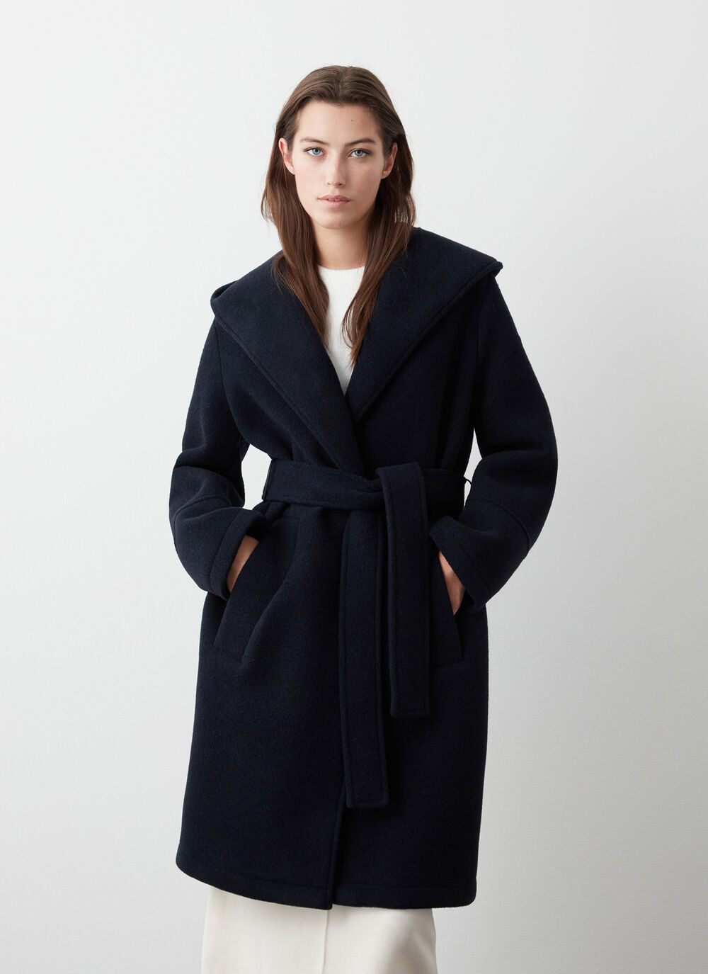 Long wool baize coat with belt image number 0