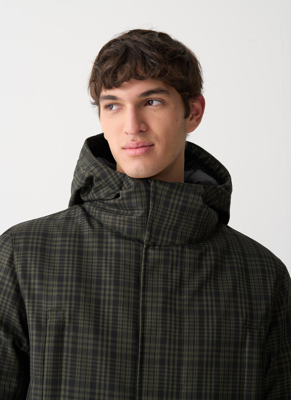 Long check down jacket with hood image number 2