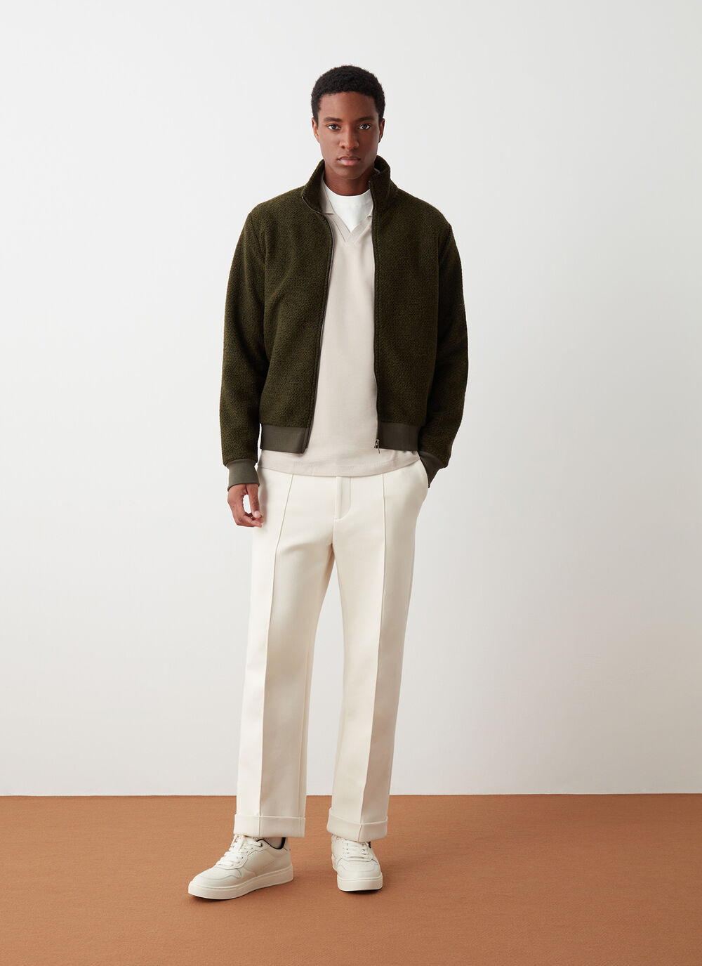 Zip-up wool sweatshirt with knit effect image number 0