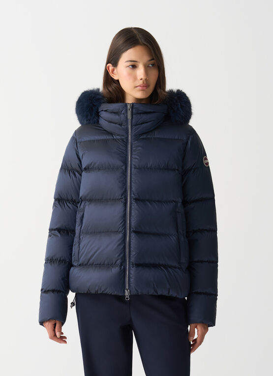 Turtle neck down jacket with faux fur