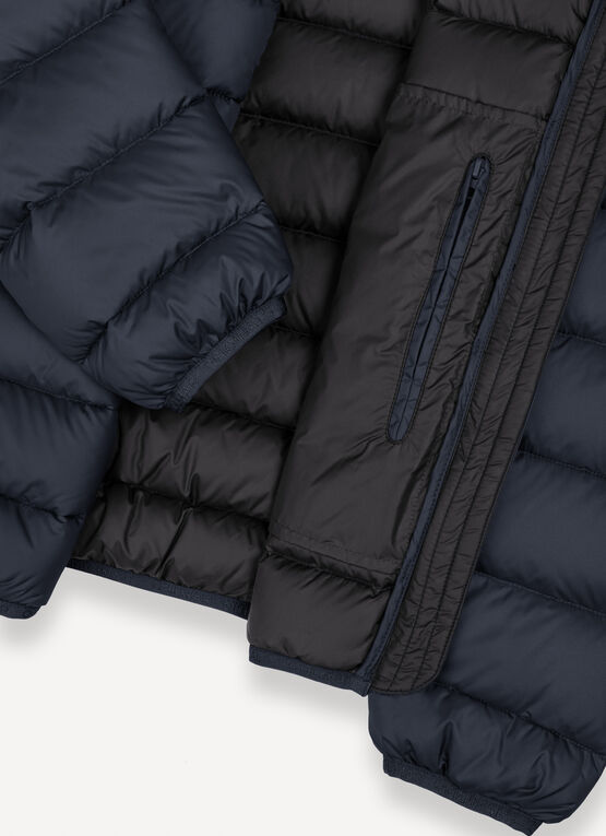 Sporty down jacket with fixed hood