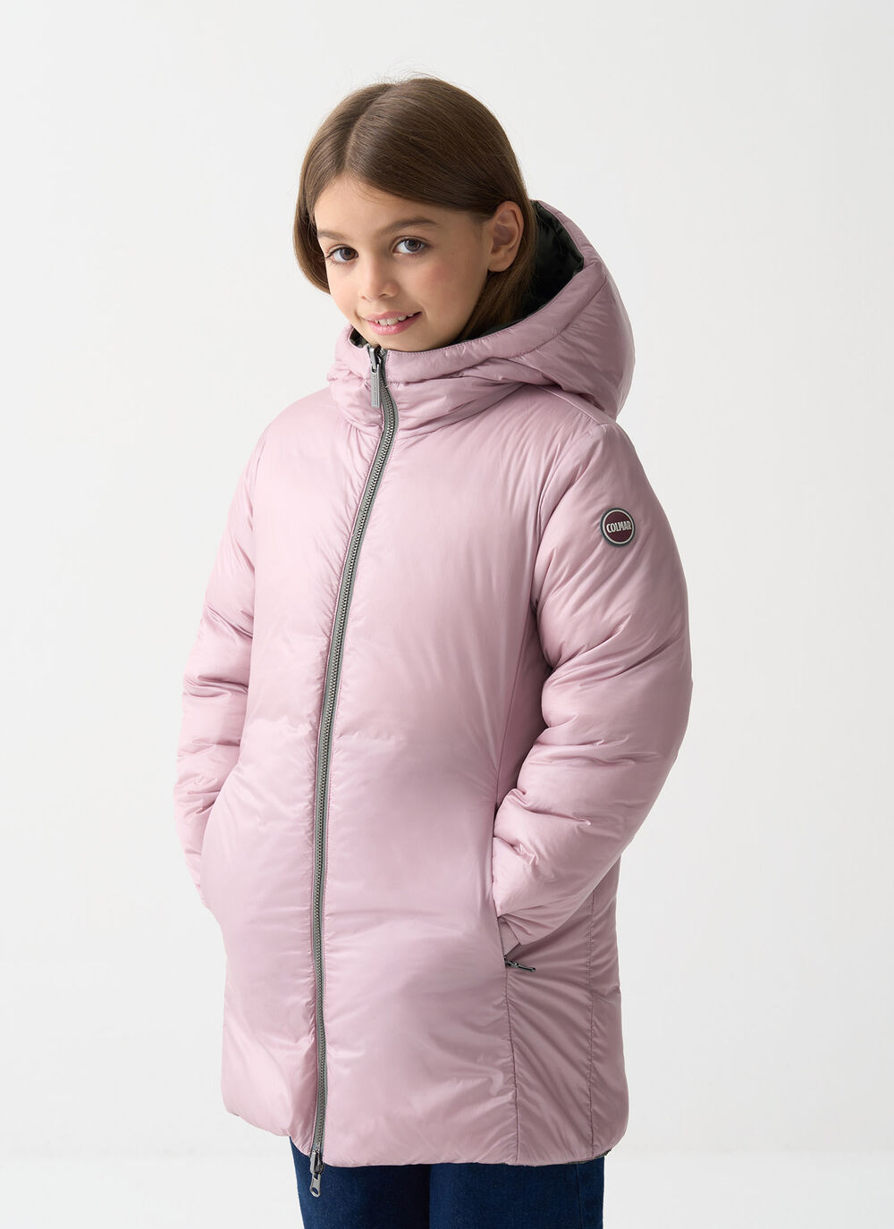 Reversible hooded mid-length down jacket image number 1