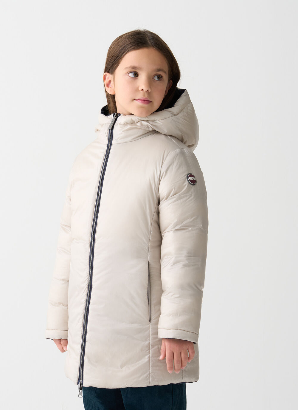 Reversible hooded mid-length down jacket image number 1