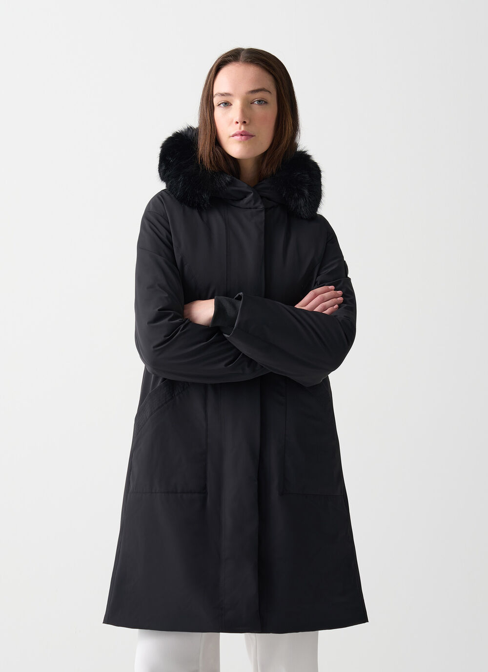 Long waterproof down jacket with fur image number 1