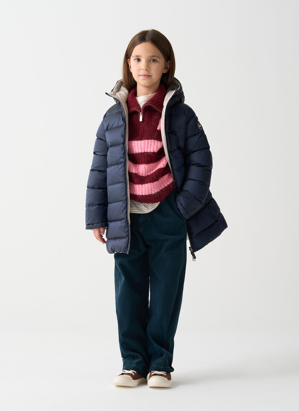 Reversible hooded mid-length down jacket image number 0