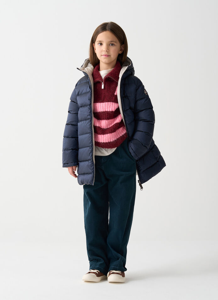 Reversible hooded mid-length down jacket image number 0