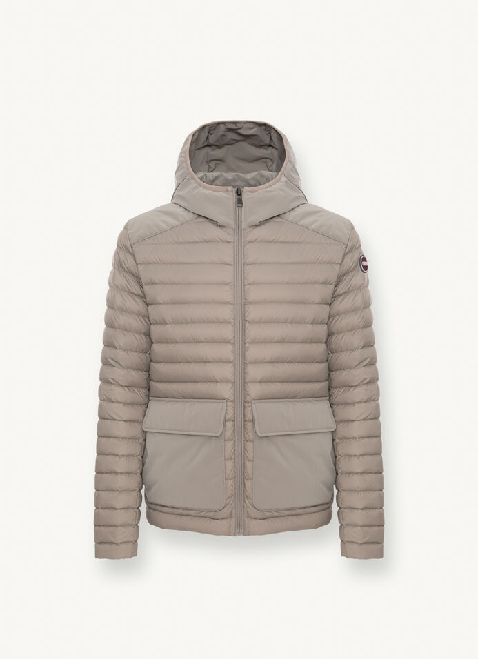 Sporty down jacket with fixed hood