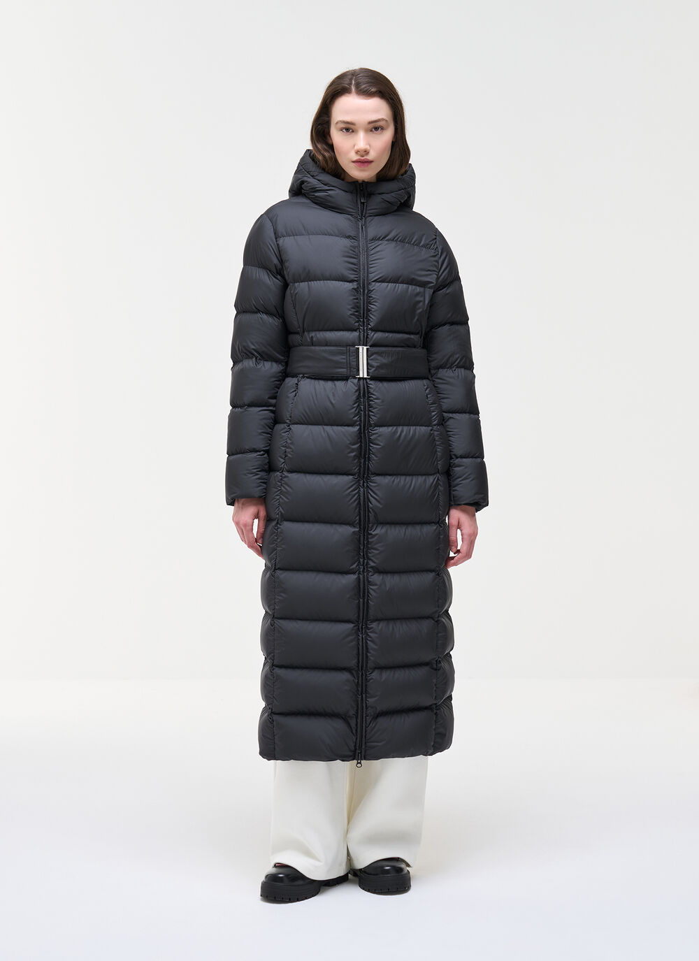 Long matte down jacket with belt image number 0