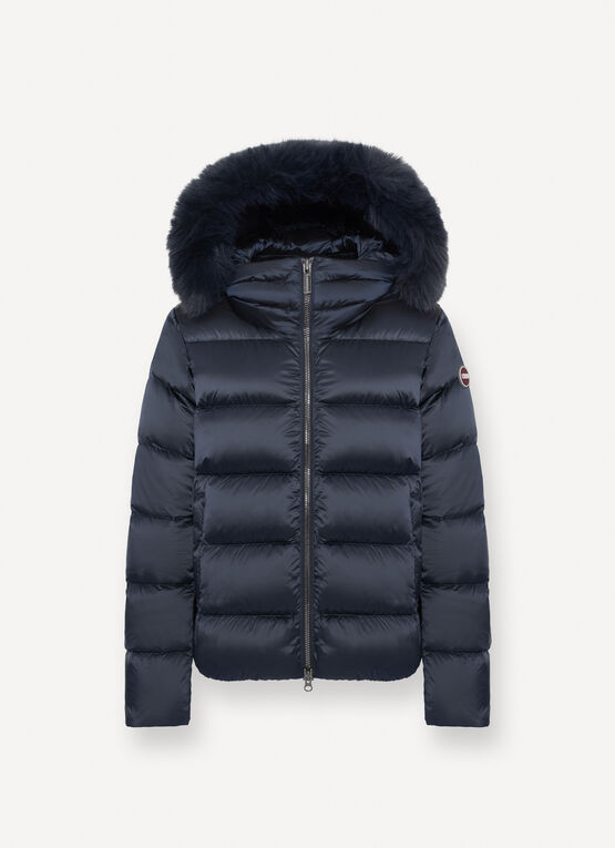 Turtle neck down jacket with faux fur