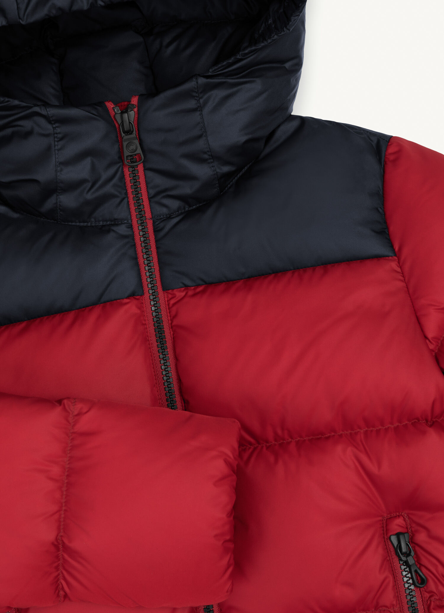 Down jacket with contrasting yoke and hood - Colmar