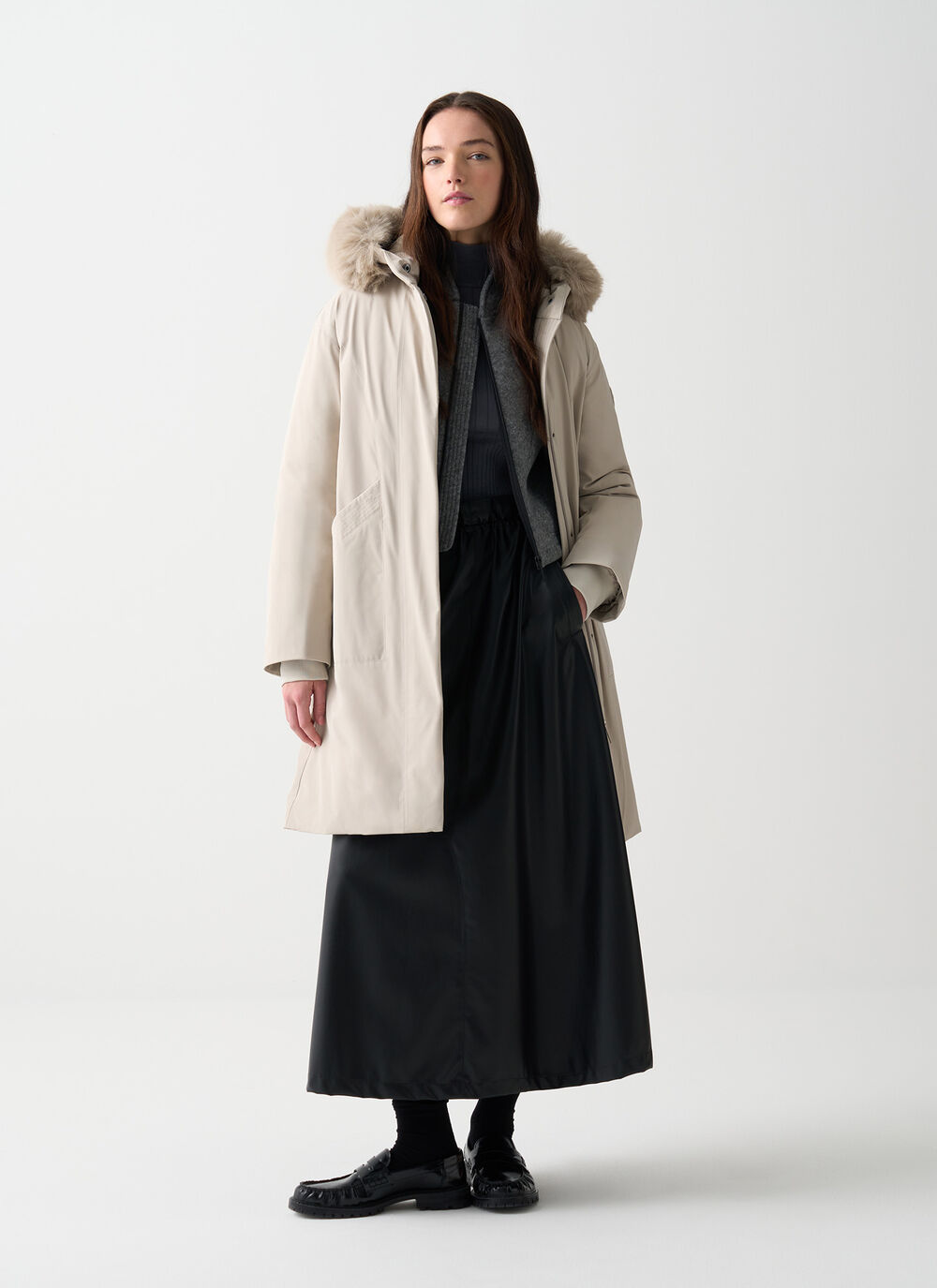 Long waterproof down jacket with fur image number 0