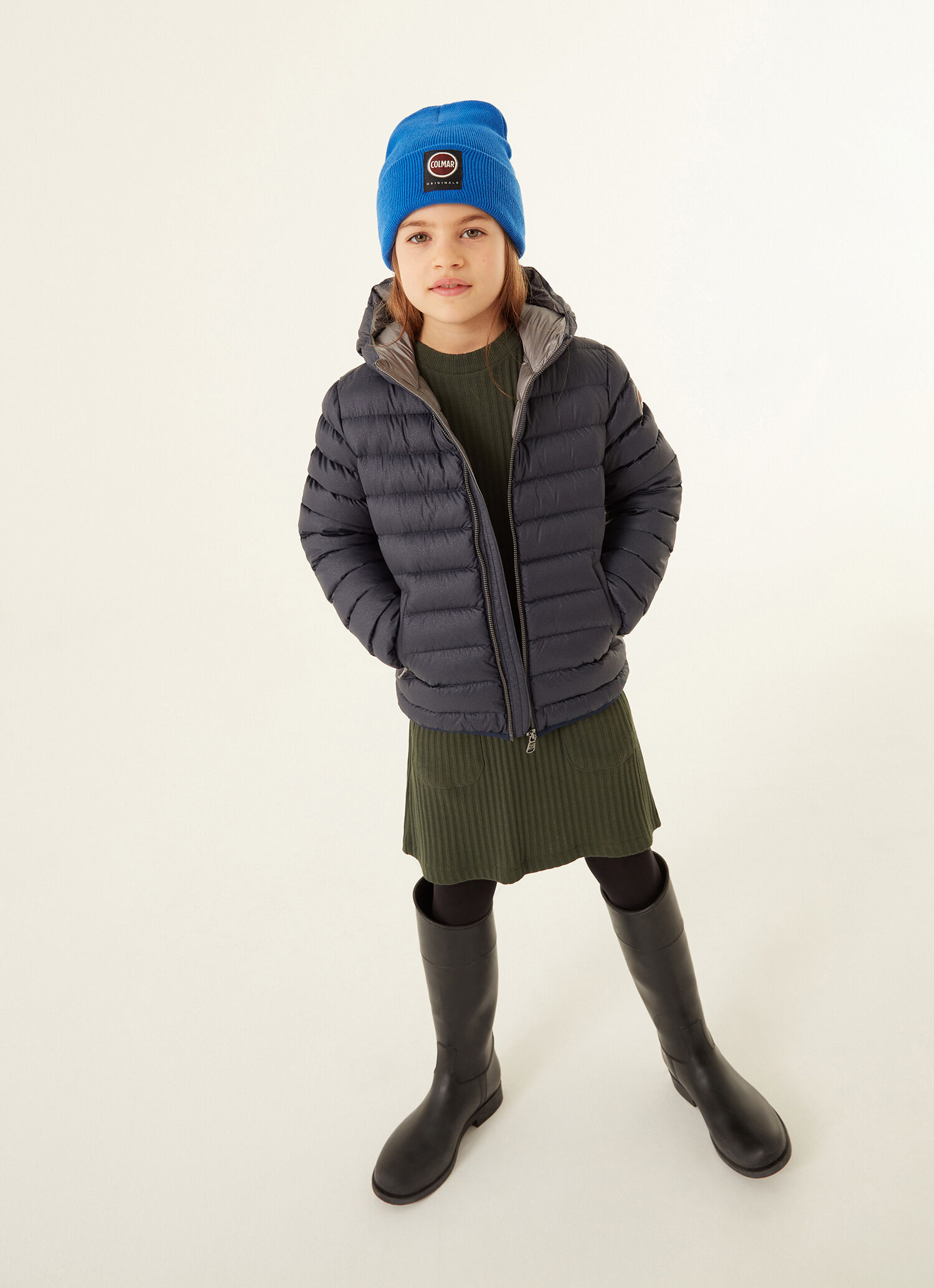 Down jacket with fixed hood in crumpled 