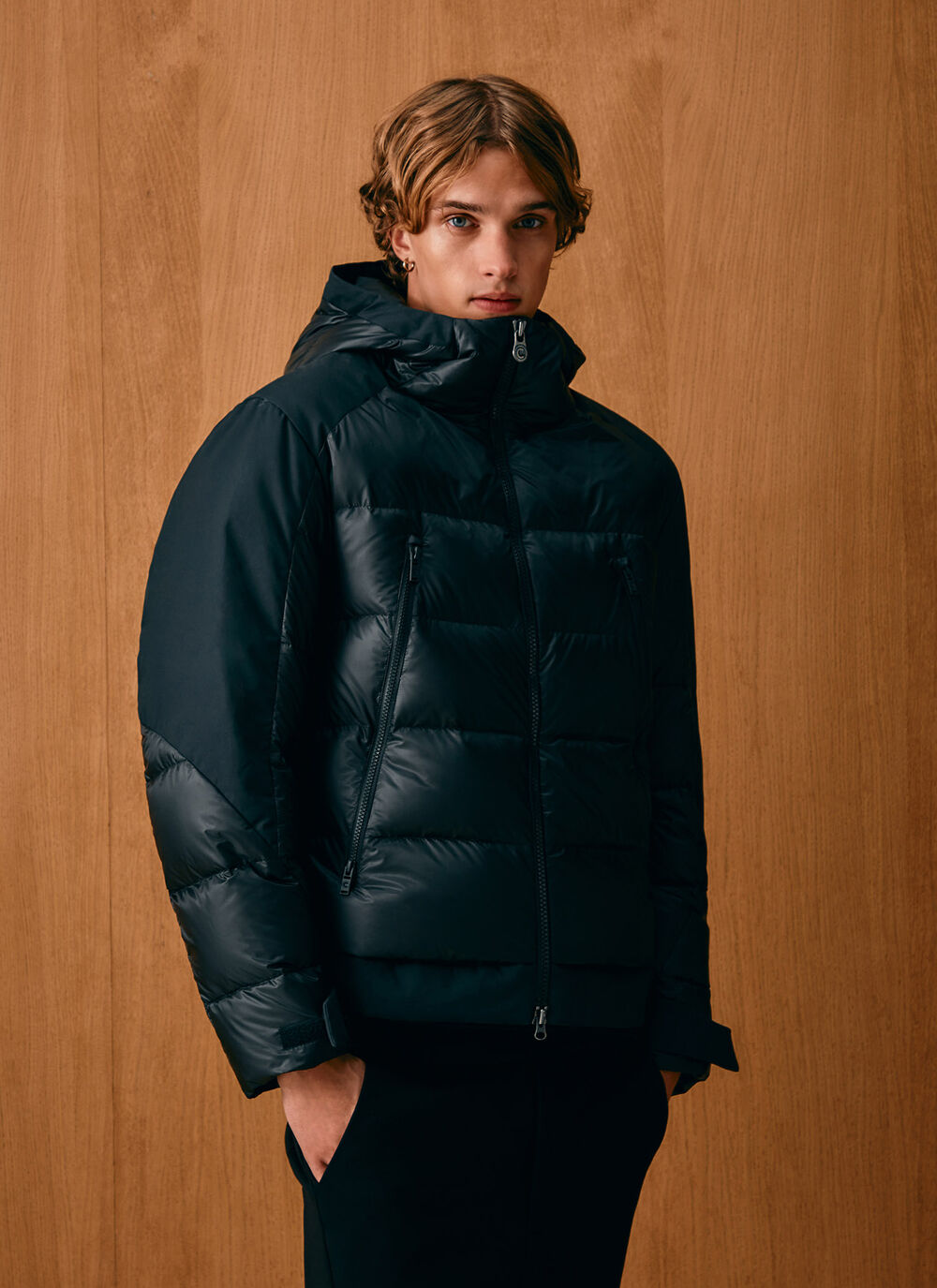 Down jacket with waxed sleeves image number 1