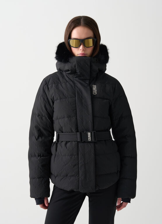 Embossed padded ski jacket with faux fur