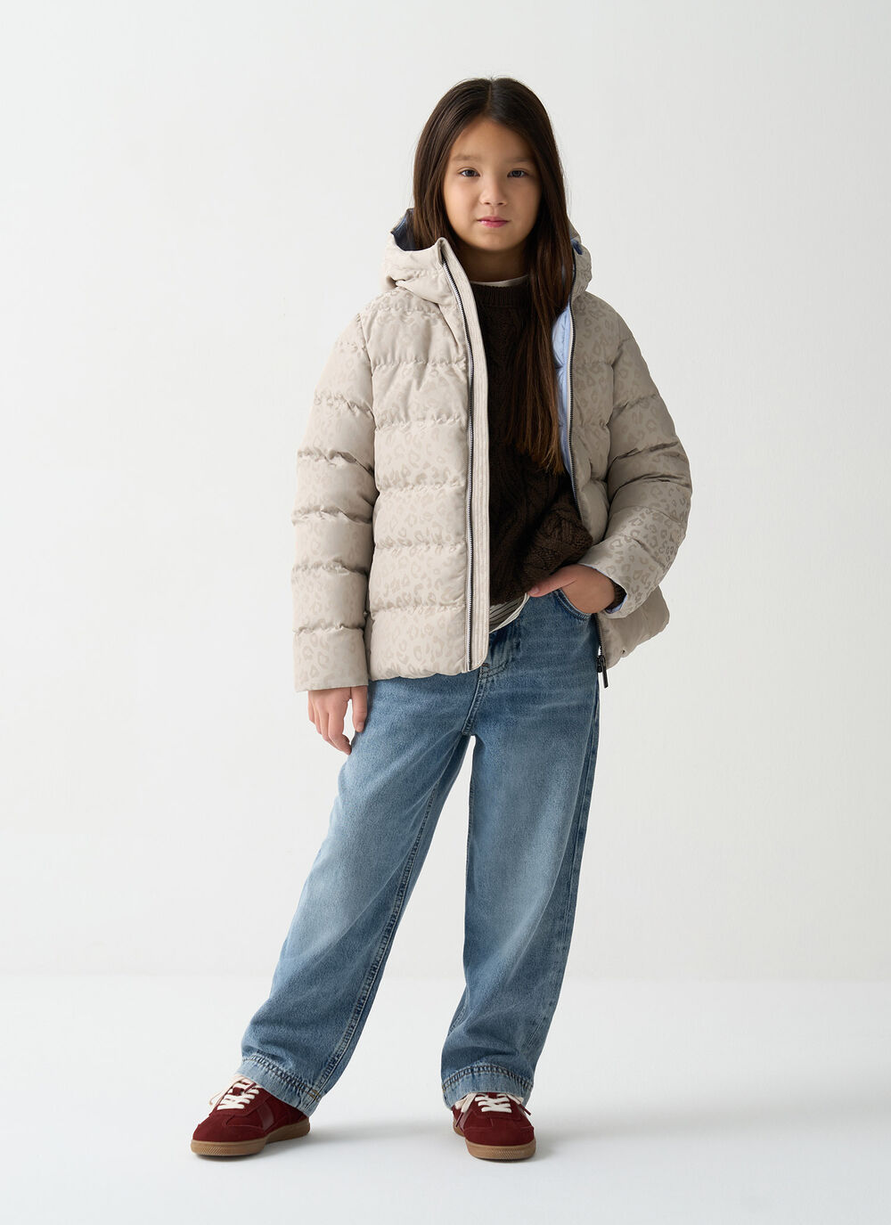 Animal-print hooded down jacket image number 0