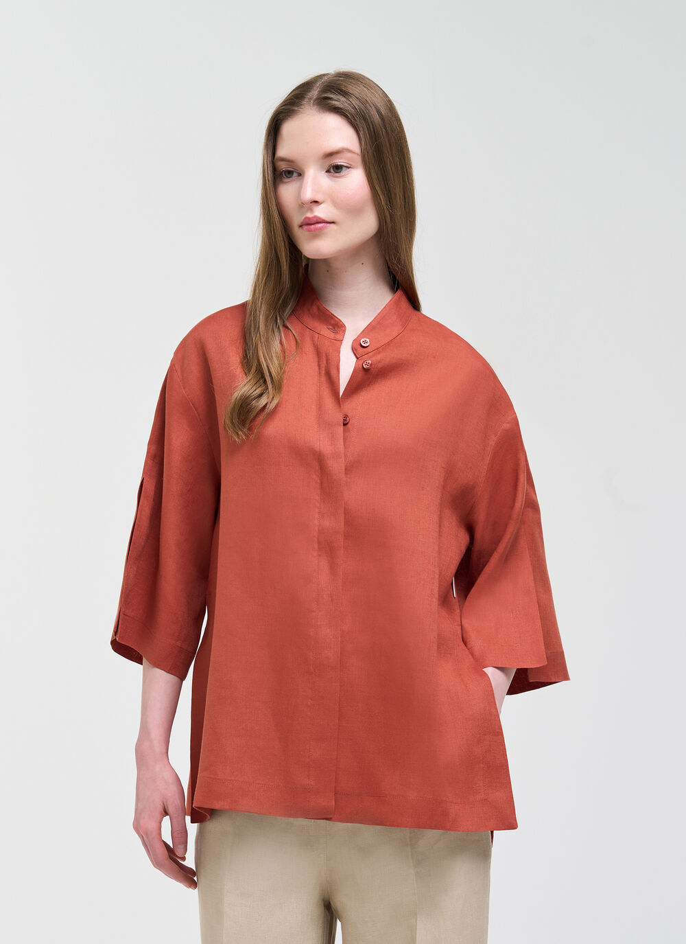 Linen Mandarin Collar Shirt image number 1